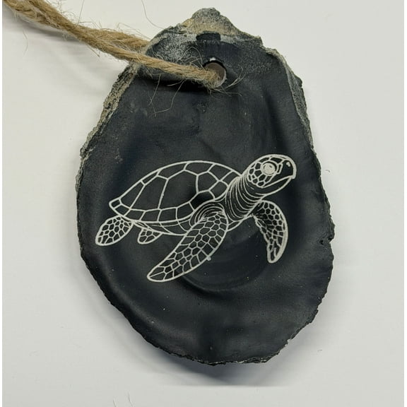 Laser-Engraved Sea Turtle on Oyster Shell  Handmade Beach Decor Ornament with Hanging String & Gift Box (Coastal Gift for Beach Lovers)