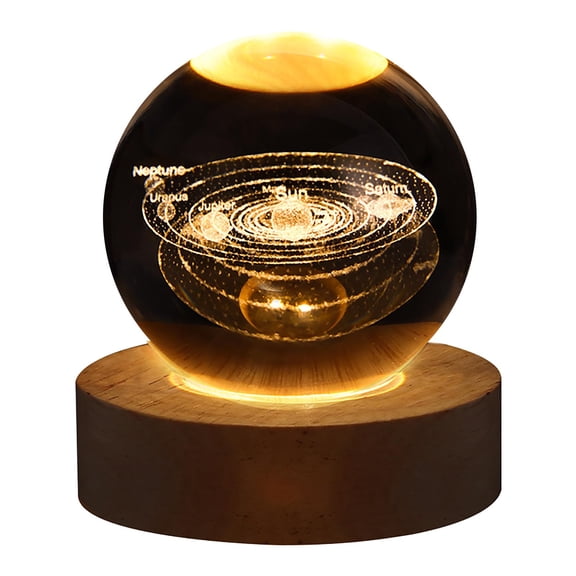 Laser Engraved Solar System Crystal Ball Night Light, Wooden Base Soft Gentle Glow USB Powered Decorative Ornament Lamp, Ambient Accent Light For Bedroom Study Desk Holiday Gift Decoration