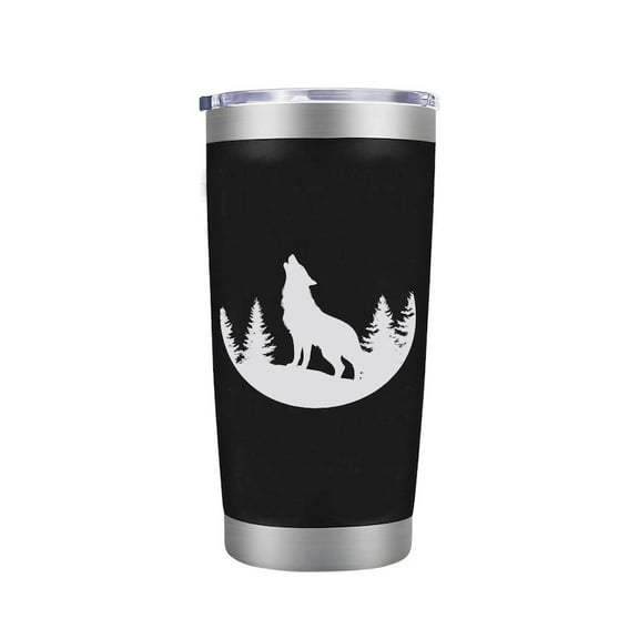 Laser Engraved Wolf Silhouette - Insulated Coffee Tumbler Cup with Sliding Lid - Stainless Steel Travel Mug - Rustic Outdoors Gifts for Women and Men