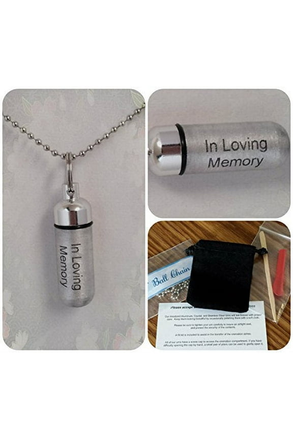 Laser Engraved "In Loving Memory" CREMATION URN Necklace - Includes Velvet Pouch, Ball-Chain, Fill-Kit, Instructions