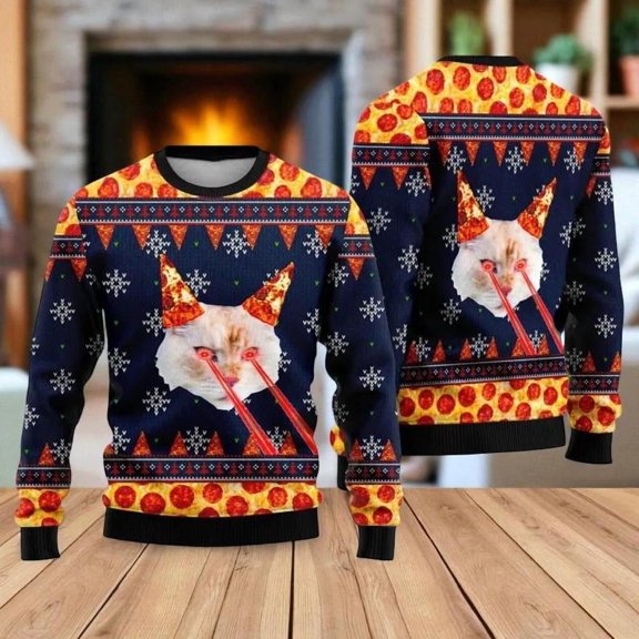 Laser Eyes Pizza Cat Christmas Sweater – Funny 3D Xmas Sweatshirt, Cool Cat Lover Gift, Drax Pizza Cat