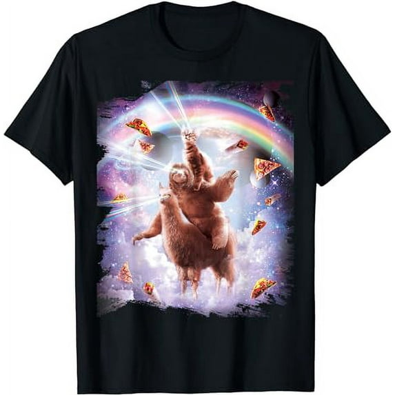 Laser Eyes Space Cat Riding Sloth, Llama - Rainbow T-Shirt