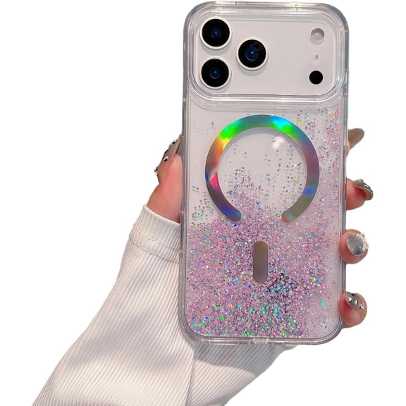 Laser Glitter Flowing Liquid Quicksand Magnetic Phone Case for iPhone, Compatible with (Purple,for iPhone 17 Pro)