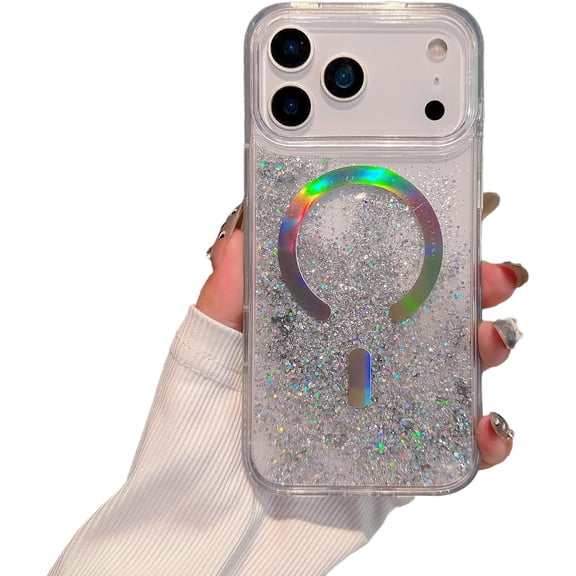 Laser Glitter Flowing Liquid Quicksand Magnetic Phone Case for iPhone, Compatible with  (White,for iPhone 17 Air)