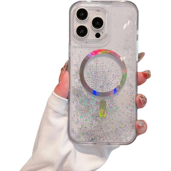 Laser Glitter Flowing Liquid Quicksand Magnetic Phone Case for iPhone, Compatible with (White,iPhone 15 Pro)