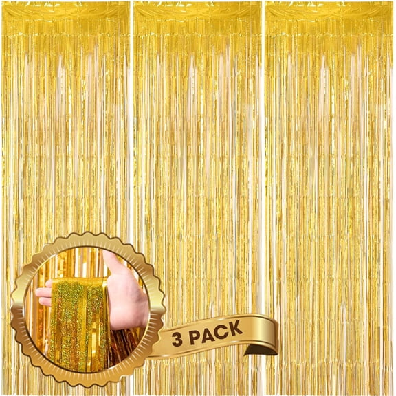 Laser Gold Foil Fringe Backdrop Curtains, 3.3x8.2ft, 3 Pack