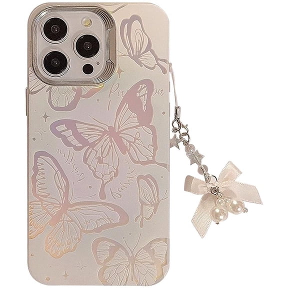 Laser Hollow Out Butterfly Lanyard Chain Phone Case Compatible with iPhone Case (White,iPhone 15 Plus)