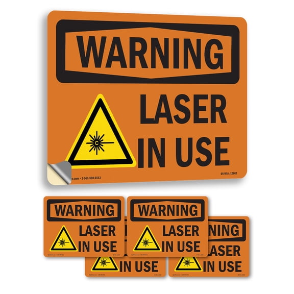 Laser In Use OSHA WARNING Vinyl Decal Label 5 Inch x 3.5 Inch - 5 Pack