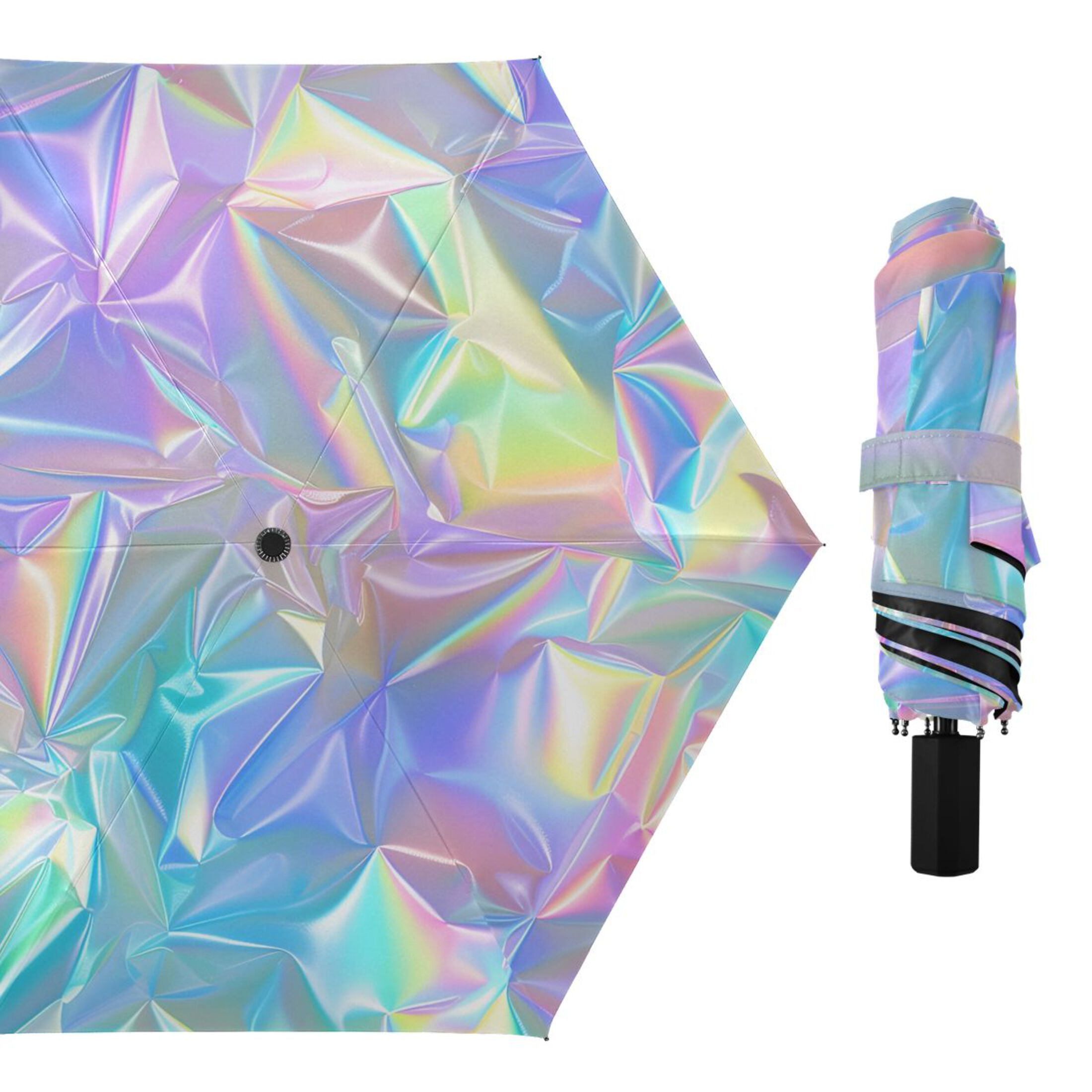 Laser Irregularity Pattern All Weather Umbrella Triple Folding Parasol 6 Ribs UV Protection Portable