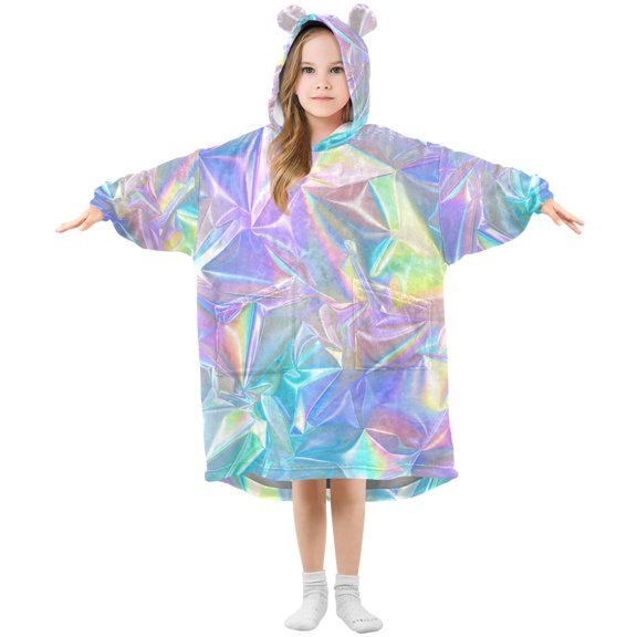 Laser Irregularity Pattern Flannel Wearable Blankets Hooded Design Long Sleeves Wrap Unisex for 3T-14Y S