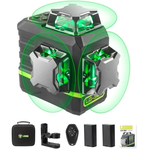 Laser Level 3x360° LASGOO with Remote Control, 2 Rechargeable Batteries, 100FT Range, 360° Magnetic Rotating Stand, IP54, 3Ds