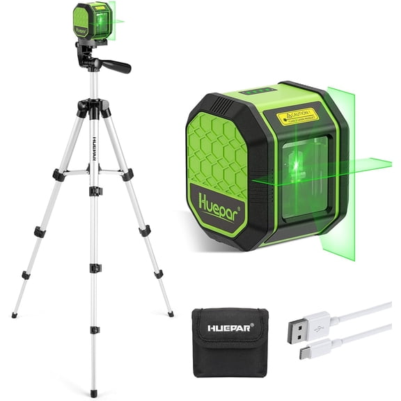 Laser Level with 42 Inch Tripod, Huepar 100Ft Self Leveling Laser Level Rechargeable Green Cross Line Lazer Leveler Tool for Picture Hanging, Tile, Home Renovation, Carrying Bag Included