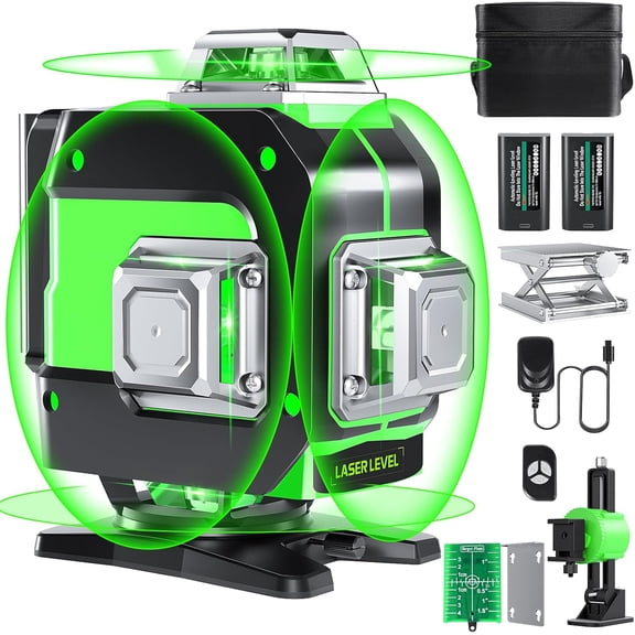 Laser Level, 4x360 Self Leveling Green Cross Line Laser for Construction and Picture Hanging with Rechargeable battery, Remote Controller, Magnetic Rotating Stand