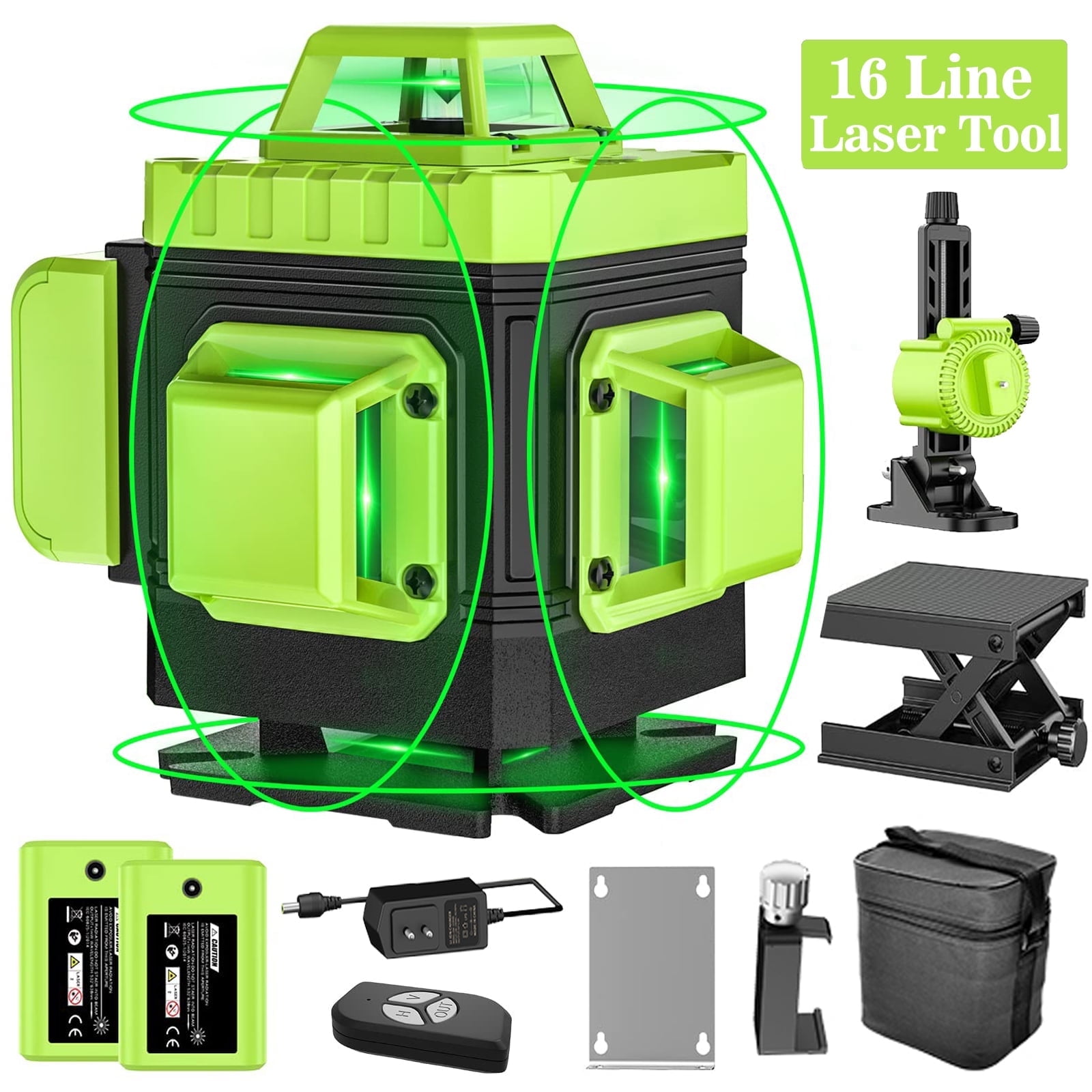 Laser Level Self Leveling,HDJ 16 Lines  4x360° Laser Level Tool,4D Green Cross Horizontal Vertical Laser Tool With Remote Control and 2PCS 2400mAh Battery