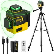 Laser Level with Tripod, 2x360° Self-leveling Green Cross Line, 8 Lines Laser Level Tool with Rechargeable Battery & Type-C Charging Port, Compact Adjustable 1.6M Tripod & Carry Pouch Included