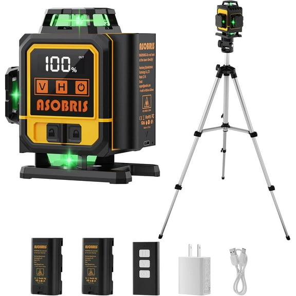 Laser Level with Tripod, 4x360 Cross Line Laser, 4D Lazer Leveler Tool, Green Laser Level with 2Pcs Batteries, Adjustable Brightness & Remote Control for Picture Hanging Constuctions Indoor Project