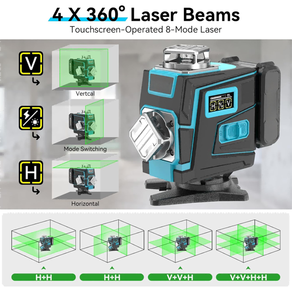 Laser Level with Tripod, 4x360 Self Leveling 4 Laser Level, Remote Control 4D Green 16 Line Laser Leveler Tool for Woodworking&Renovation, with 2x4800mAh Li-ion Batteries&Hard Carry Case