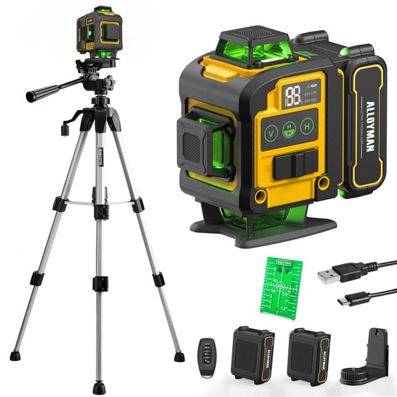 Laser Level with Tripod, Alloyman 4x360 Self Leveling Laser Level, Green Line Laser 4D Laser Leveler Tool with 2Pcs Lithium Batteries for Picture Hanging, Tile, Home Renovation, Indoor