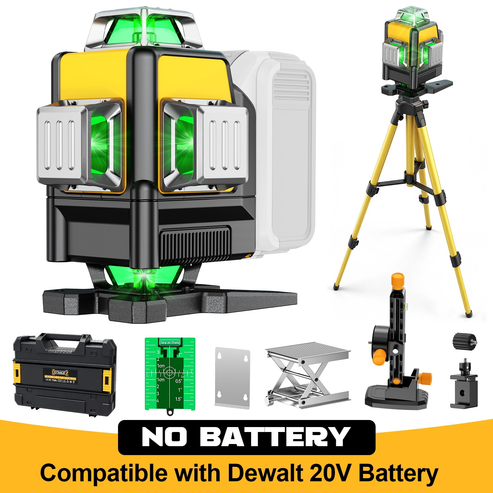 Laser Level with Tripod Compatible with 20V Battery, 4D Green 16-Line 4x360° Self Leveling Lazer Leveler Tool for Construction, Floor Tile, Home Renovation, Indoor Use, NO Battery