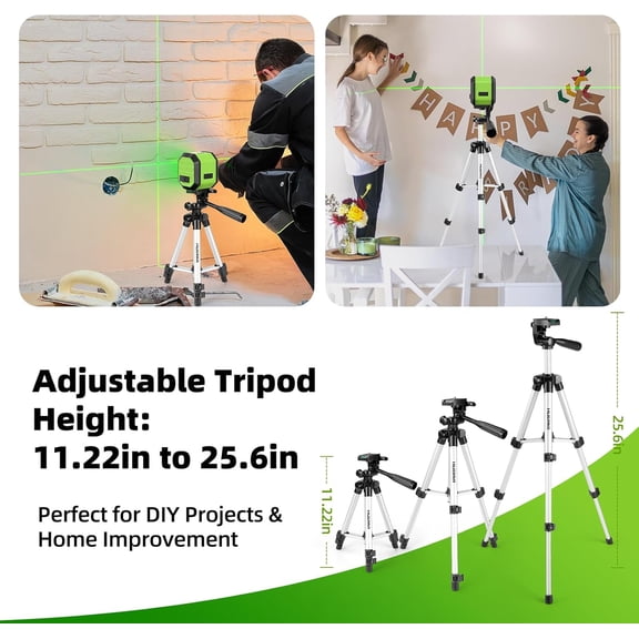 Laser Level with Tripod, HUEPAR 100Ft Self Leveling Laser Level Rechargeable Green Cross Line Laser Leveler Tool for Picture Hanging, Tile, Home Renovation, Carrying Bag Included (25.6 in Tripod)