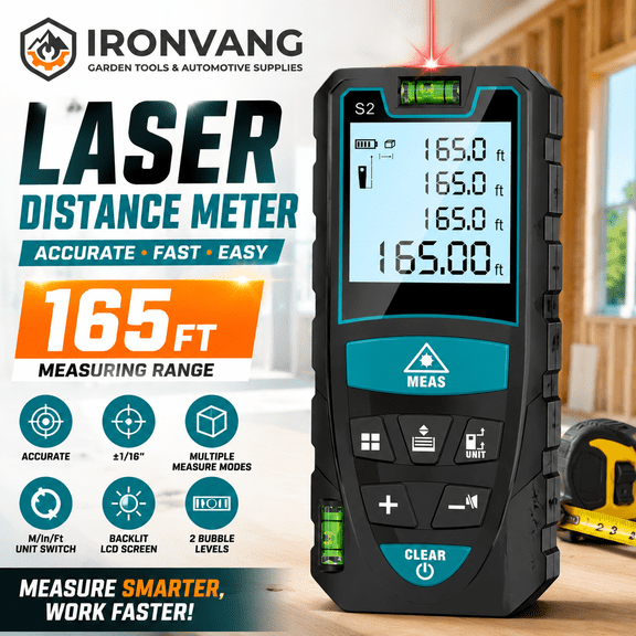 Laser Measure 165Ft Digital Laser Distance Meter with Backlit LCD, ±1/16 Inch Accuracy, Bubble Level, Unit Switching (M/In/Ft), Area Volume Pythagorean Mode, Portable Handheld