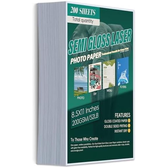 Laser Photo Paper 8.5x11 In,200 Sheets 200GSM/52LB Semi Gloss Double Sided High-Heat Resistant Smudge Proof for Laserjet Brochures Covers Postcard DIY Flyers Cards Picture Cardstock$$Office
