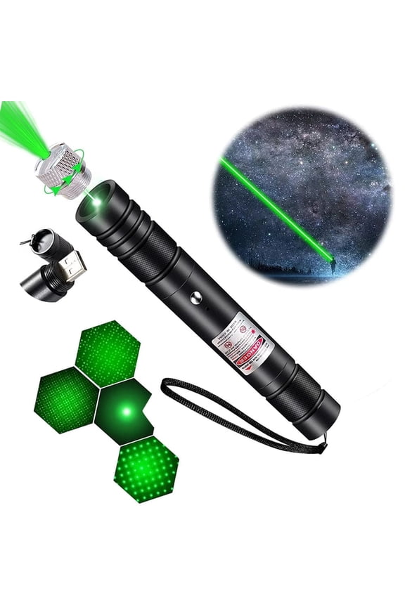 Laser Pointer, Flashlights 2000 Metres Green Long Range High Power Handheld Flashlight, Rechargeable Laser Pointer for USB, with Star Cap Adjustable Focus