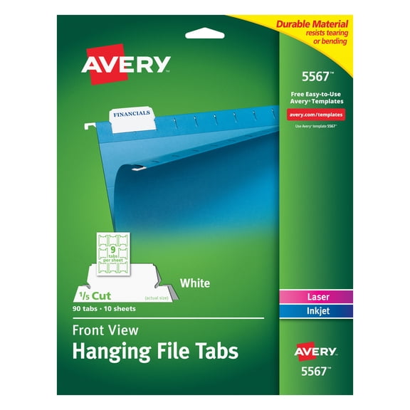 Laser Printable Hanging File Tabs, 1/5-Cut Tabs, White, 2.06" Wide, 90/pack | Bundle of 5 Packs