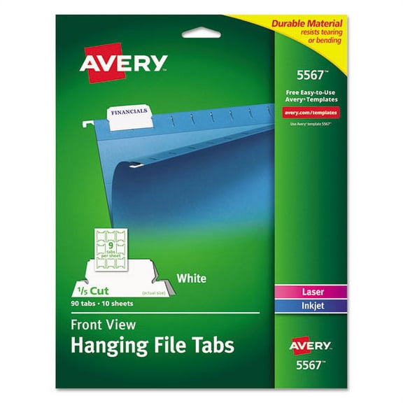 Laser Printable Hanging File Tabs, 1/5-Cut, White, 2.06" Wide, 90/Pack | Bundle of 10 Packs