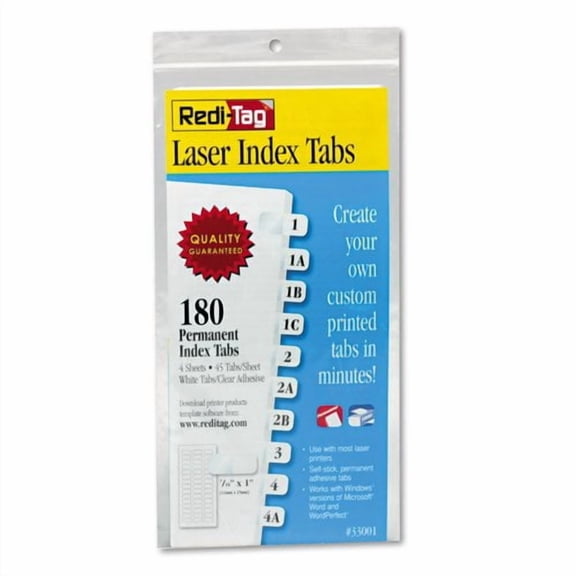 Laser Printable Index Tabs 1/12-Cut Tabs, White, 0.44" Wide, 180/Pack