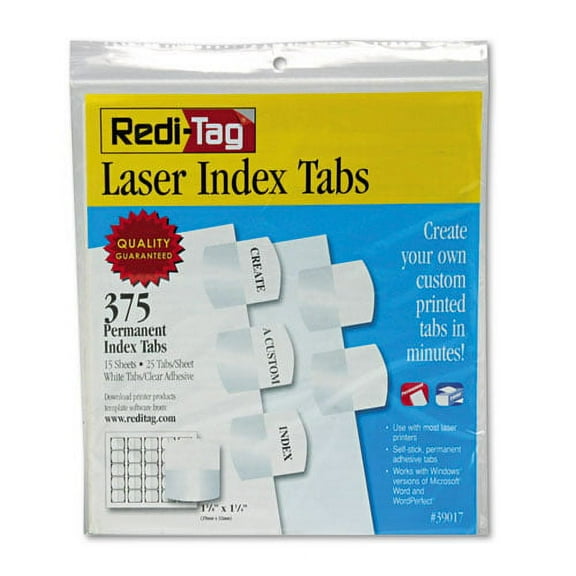 Laser Printable Index Tabs, 1/5-Cut, White, 1.13" Wide, 375/Pack | Bundle of 10 Packs