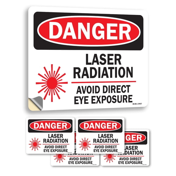 Laser Radiation Avoid Direct Eye Exposure with Graphic OSHA Danger Vinyl Decal Label 5 Inch x 3.5 Inch - 5 Pack