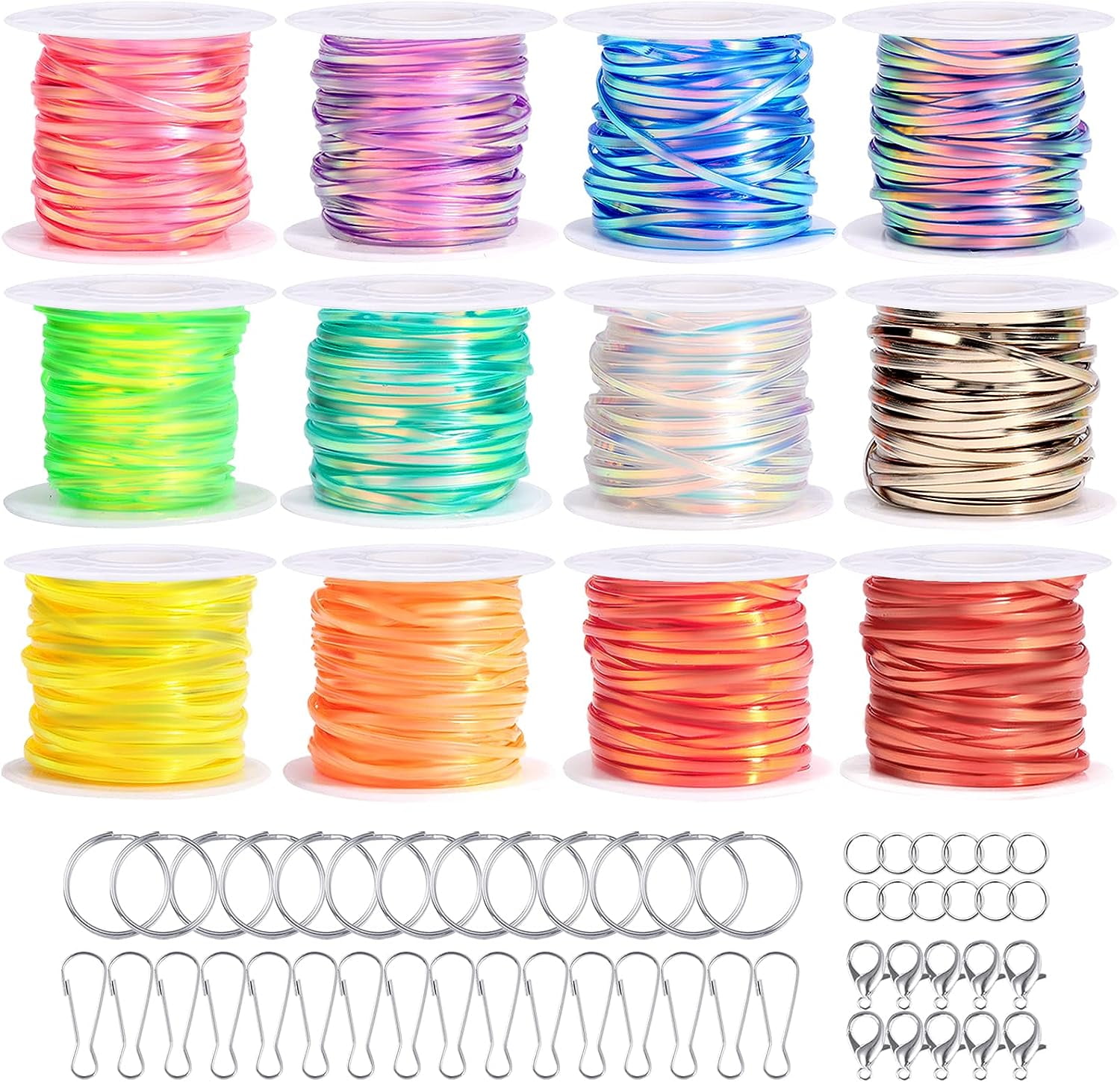 Laser Reflective Lanyard String, 12 Rolls Plastic Lacing Cord with 20 Key  Chain Rings, 20 Snap Clips and 10 Lobster Clips, Gimp String Kit for DIY  Bracelets, Key Chain and Lanyards 