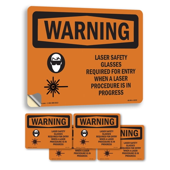 Laser Safety Glasses Required With Symbol OSHA WARNING Vinyl Decal Label 18 Inch x 12 Inch - 5 Pack