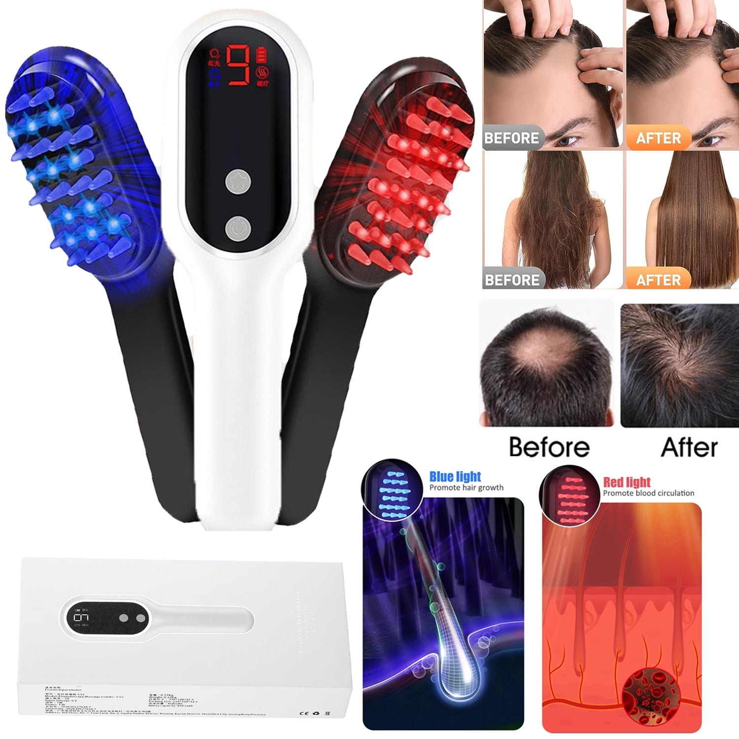 Phototherapy Hair Growth Brush Comb Red and Blue Light Therapy