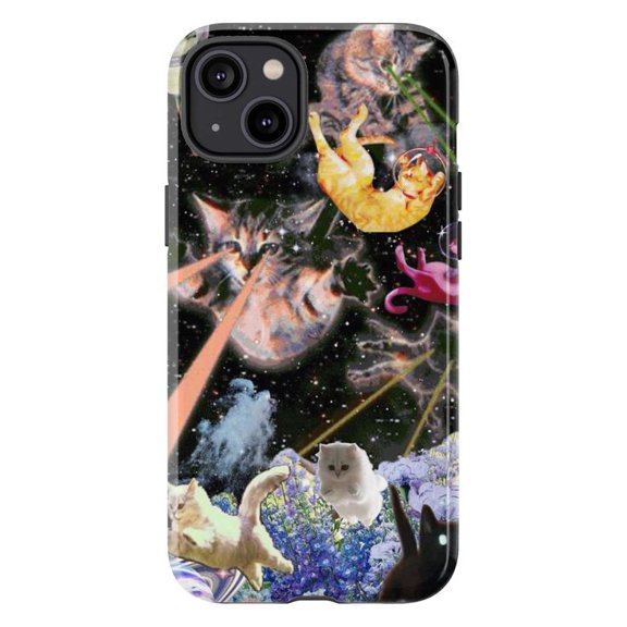 Laser Space Cat Phone Case, Funny Cosmic Cat Battle Design, Quirky Galaxy iPhone Cover for iPhone 16 15 14 13 12 11 Plus Pro Max Mini