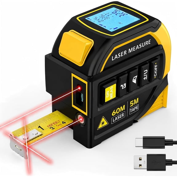 Laser Tape Measure 4-in-1, 197FT Laser Distance Meter with 16FT Auto-Lock Tape, Cross-Line Laser Level, Dual-Axis Angle, Backlit LCD, Distance/Area/Volume, Pythagorean Theorem & Angle Measurement