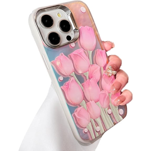 Laser Tulip Flower Plated Camera Lens Protector Soft for iPhone Case (Pink,iPhone 15)