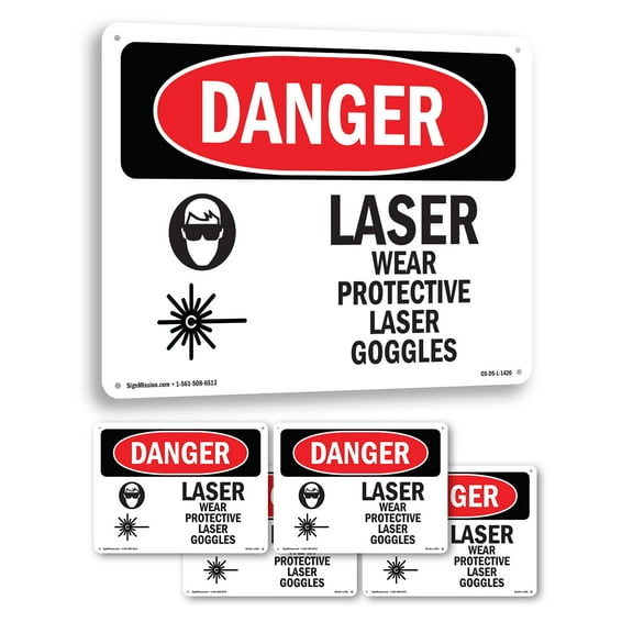 Laser Wear Protective Laser Goggles OSHA Danger Rigid Plastic Sign 18 Inch x 12 Inch - 5 Pack