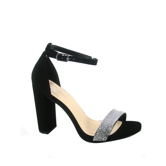 Laser Women's Rhinestone Open Toe Ankle Strap Buckle Chunky High Heels Sandals Shoes (Black Rhinestone, 7.5)