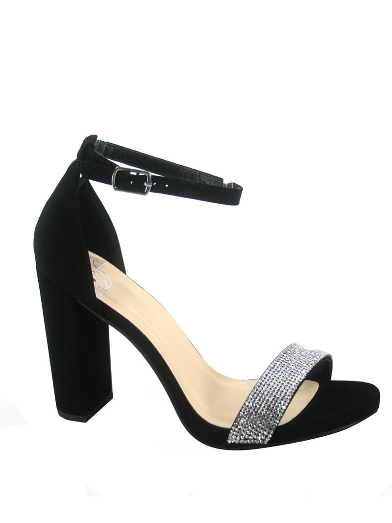 Laser Women's Rhinestone Open Toe Ankle Strap Buckle Chunky High