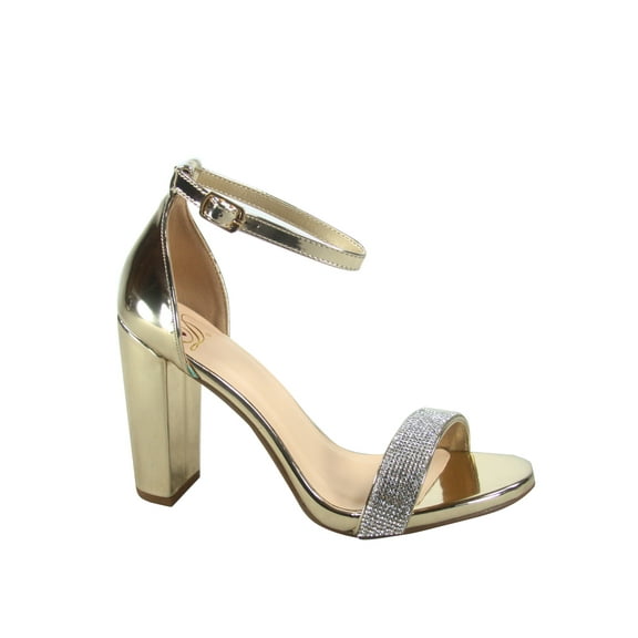 Laser Women's Rhinestone Open Toe Ankle Strap Buckle Chunky High Heels Sandals Shoes ( Gold Rhinestone, 8.5)