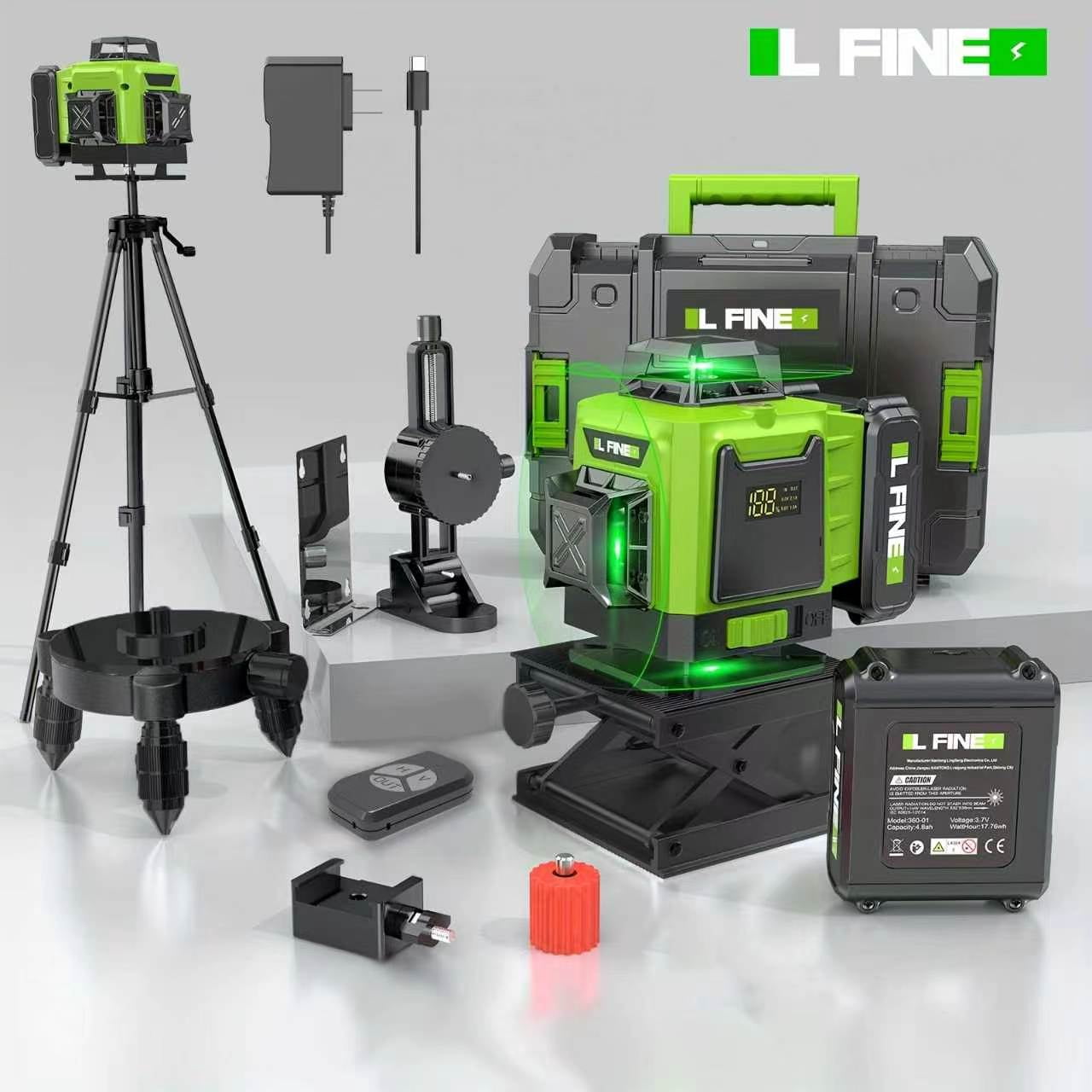 LFINE Laser Level Kit: 360self-leveling with tripod. Features4x360°cross-line laser for floor tile,wall,and construction/renovation,Includes 2x4800mAh batteries.