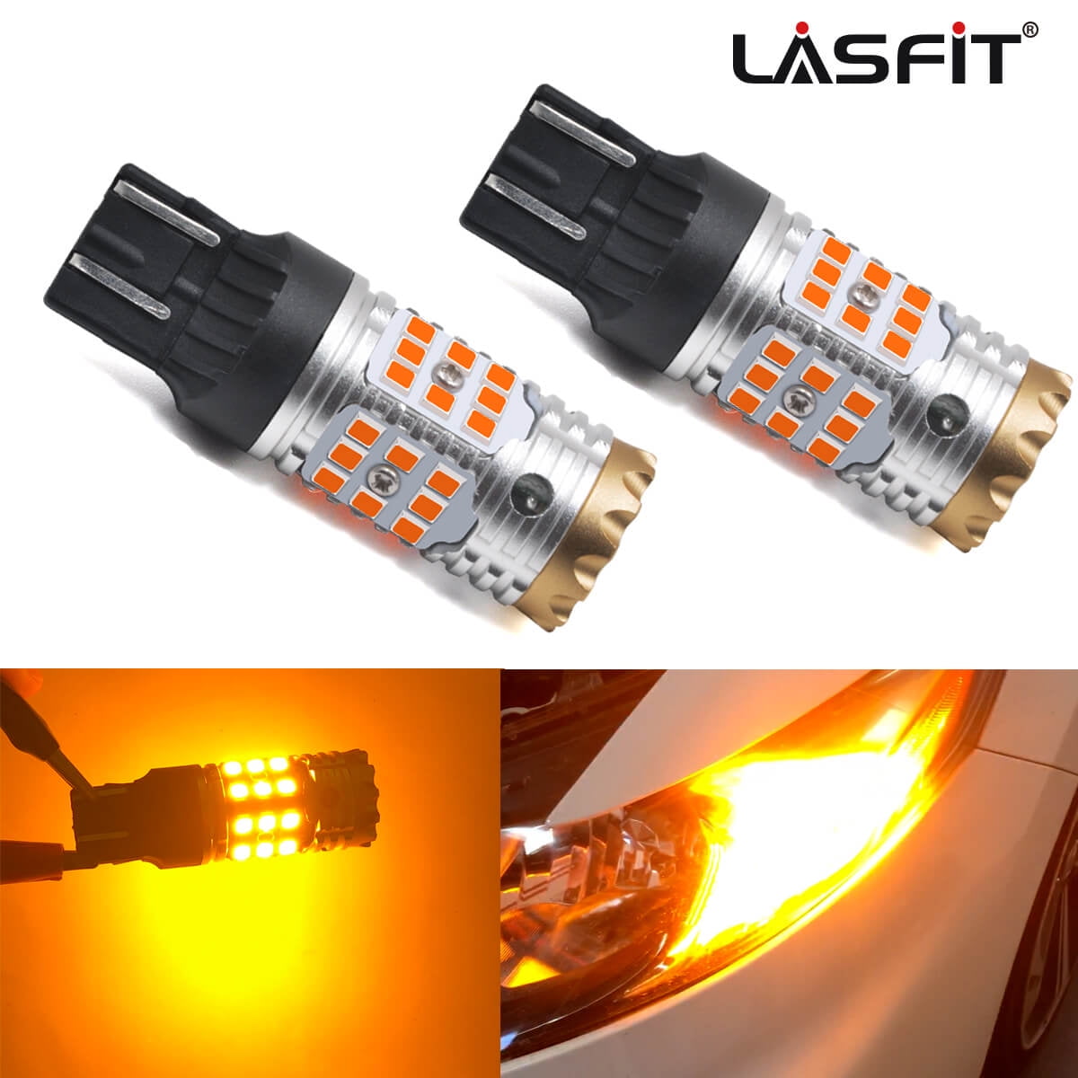 Lasfit 7443 7444 LED Bulbs for Turn Signal Blinker Light, Built-in CANBUS  Anti Hyper Flash, Plug & Play, Amber Color