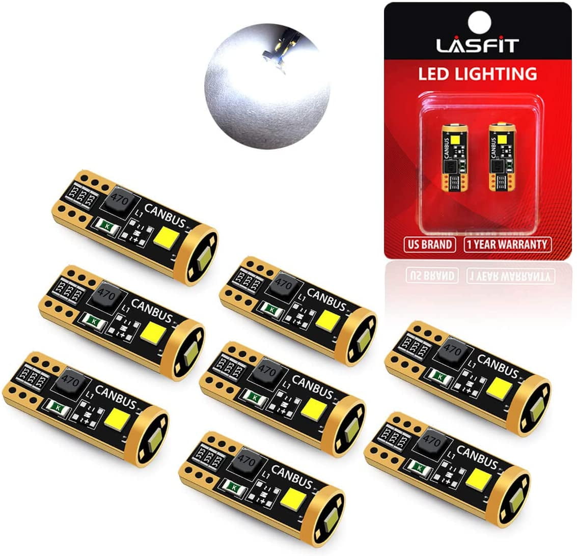 Lasfit 194 168 2825 T10 W5W LED Bulbs, Combo License Plate Light + Side  Marker Light Bulbs, Xenon White & Amber, 4Pcs 