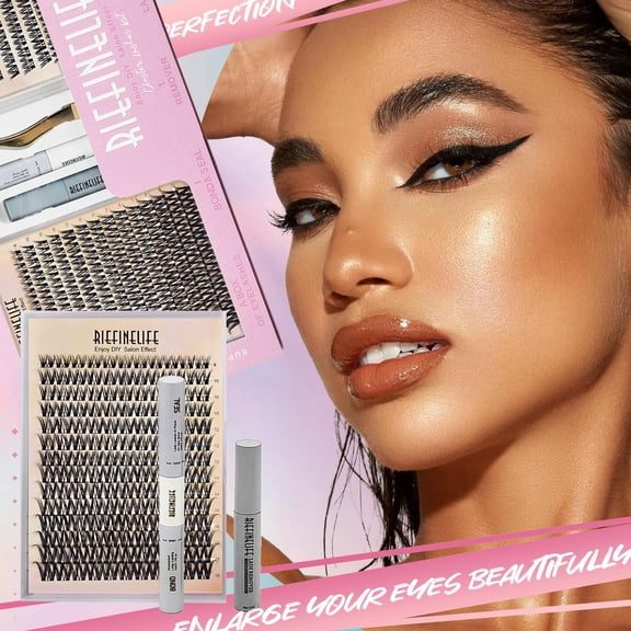 Lash Clusters Diy Kit, D Curl Waterproof Wispy Individual Lash Extensions, Dramatic Look, 8-18mm, Thin Invisible Band, Black Mix