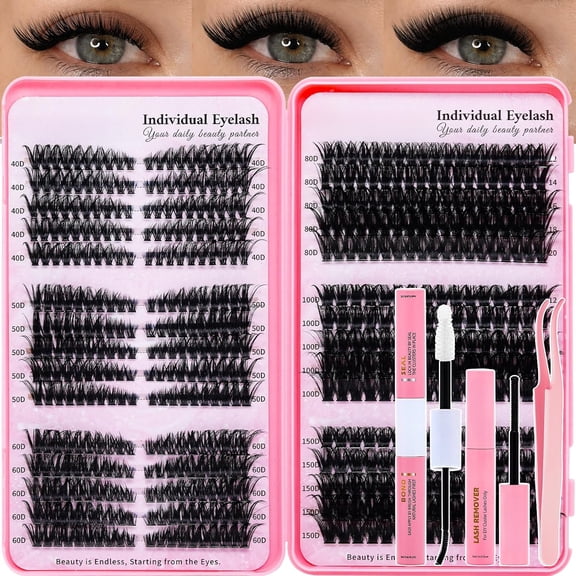 Lash Clusters Kit Eyelash Clusters Kit Cat Eye Lashes Clusters Lash Extension Kit Cluster Eyelash Extensions Pestañas Postizas Naturales with Lash Bond&Seal,Remover,Lash Tweezers(Cat Eye Lash Kit)