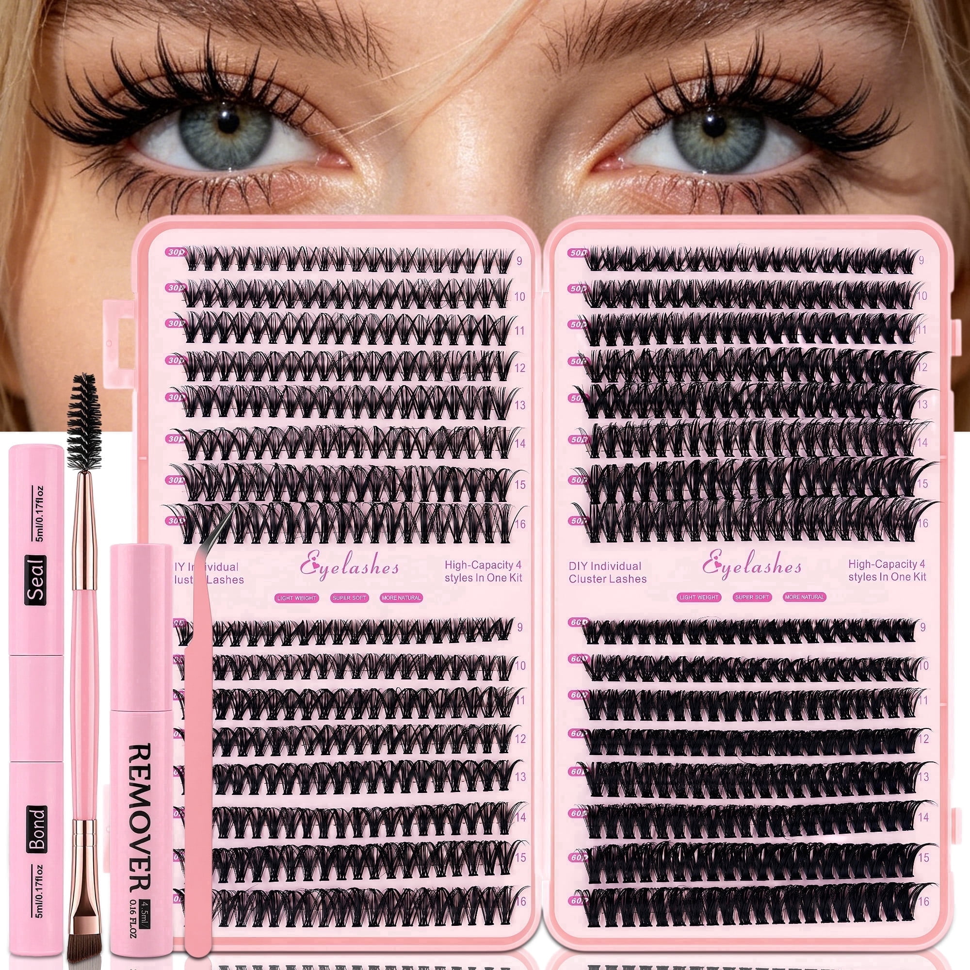 Lash Clusters Kit, 640pcs Individual Eyelash Extension Kit 30D/40D/50D/60D, 9-16mm Mixed Lengths, DIY False Eyelashes