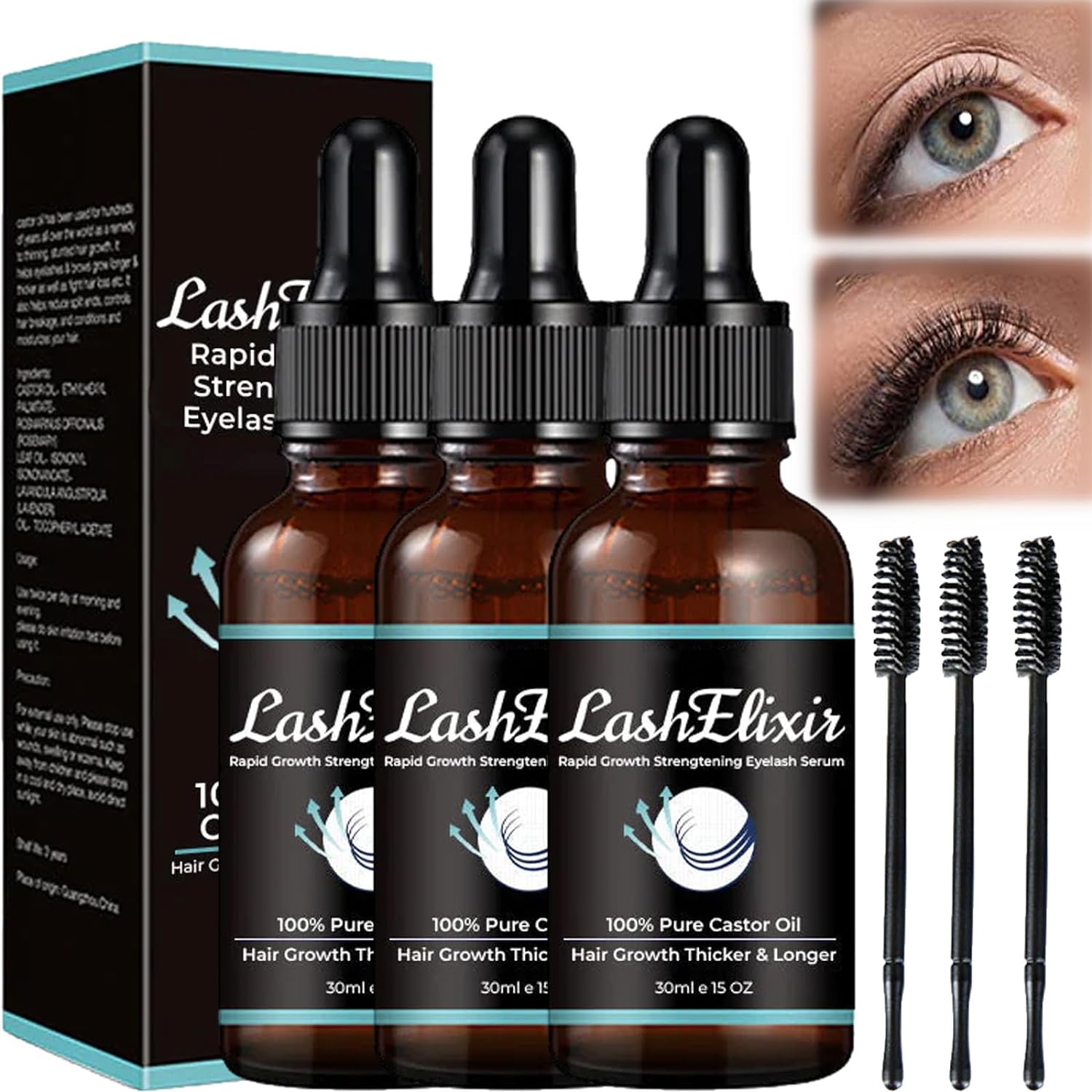 Lash Elixir Rapid Growth Strengthening Eyelash Serum, 30ml Organic Castor Oil Eyelash Serum