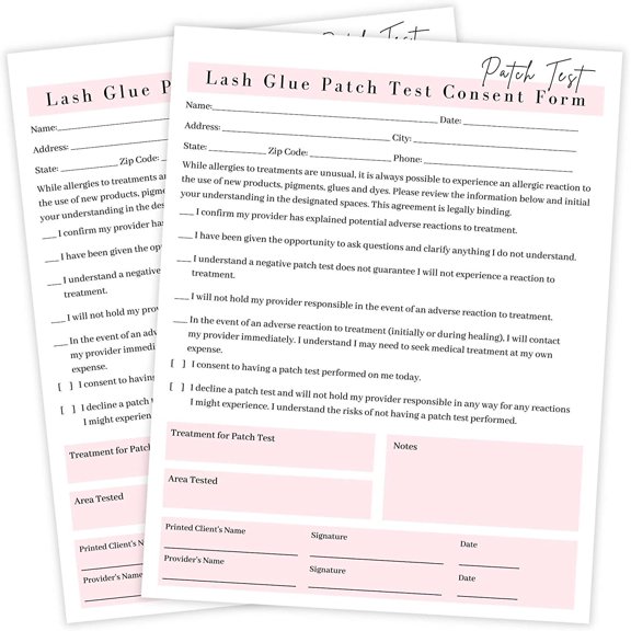 Lash Extension Glue Patch Test Consent Form 50 Pack 8.5 x 11" A1 Forms Lash Artist Supplies Eyelash Extensions Supplies White & Pink Design